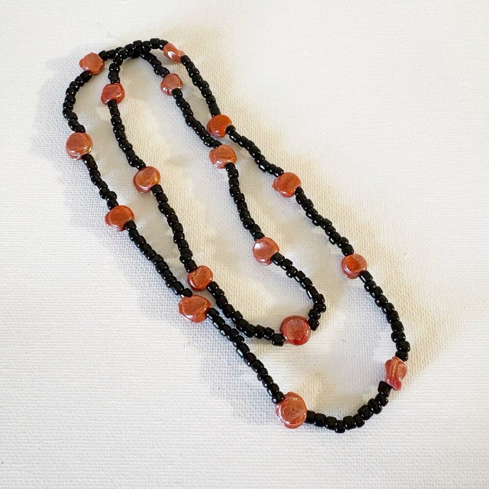 Black Brown Seed Bead Necklace BOHO Artsy Hippie 12” 90s Vintage